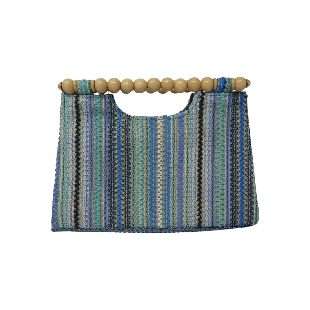Haute Hippie Style Woven Beaded Handle Clutch Women OS Blue Striped Boho Bag